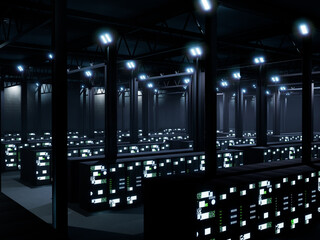 Poster - online connection data center with big data racks, modern server room with hosting servers in cabine