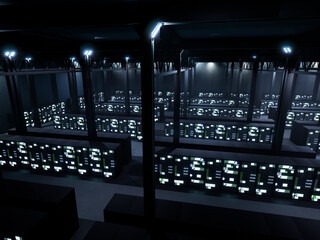 Poster - professional technology database server room, big data system connection in render farm. professiona