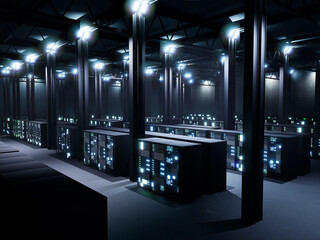 Poster - data center space with multiple rows of server racks, digital supercomputer technology. modern high 