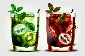 Sticker - Glasses of a kiwi mojito or caipirinha cocktail with mint and ice. Beverages that can be enjoyed while staying cool in the summer heat. Kiwi infused lemonade. Refreshing non alcoholic drink substitute