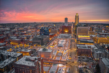 Wall Mural - Aerial View of a Winter Sunset in Omaha, Nebraska with Holiday Lights