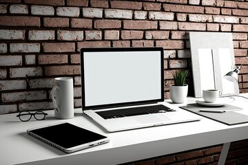 Poster - Blank laptop monitor mockup on white desk near red brick wall. illustration. Generative AI