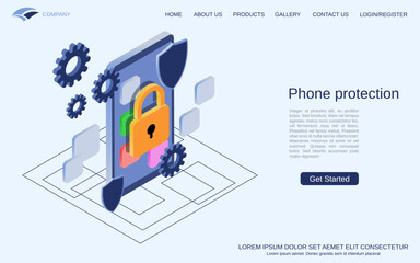 Poster - Mobile phone protection, computer security, access control flat 3d isometric style vector concept illustration