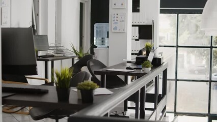 Canvas Print - Empty company office with workstation and desk, business development space filled with documents and computers. Corporation department room used for career development and success.