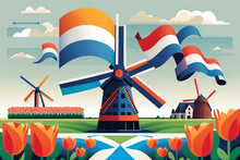 Netherlands Landscape With Windmills And Colorful Tulips In The Foreground Against A Bright Blue Sky. The Background Features A Stylized Version Of The Netherlands Flag. Generative Ai