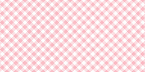 Seamless diagonal gingham checker pattern in pastel pink and white. Contemporary light barbiecore linen textured diamond background. Baby girl's trendy striped checks textile or nursery wallpaper.