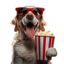 Dog Wearing 3d Glasses And Eating A Bucket Of Popcorn, Transparent Backgroung Png