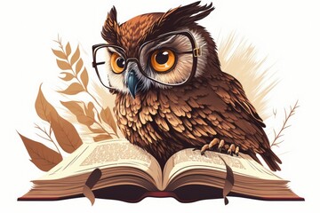 Poster - Conceptual illustration of a bird owl who wears glasses and reads a book to improve his or her intellect, creativity, or reading comprehension. Generative AI