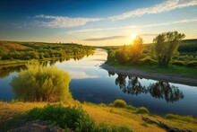 Image Of A River In A Bright Summer Setting. Rolling Slopes And Lush Green Pastures. The Tula River, In The Russian Province Of Tula. Sunrise. It's A Peaceful Morning. Calm. Mild Sunshine. A Sky Devoi