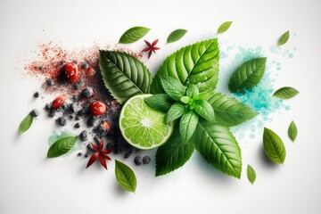 Poster - Mint leaves and lime wedges with a sprinkling of salt. The components of a Mojito. With features like composite and shadow clipping paths and an unlimited depth of field. Generative AI