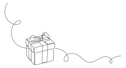 Poster - One Continuous line drawing of Christmas Present box with ribbon and bow. Festive gift and Wrapped birthday surprise package in simple linear style. Doodle flourish vector illustration