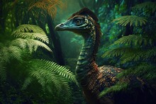 Gallimimus, A Feathered Dinosaur That Inhabited A Tree Fern Forest In The Late Cretaceous Period ( Science ). Generative AI