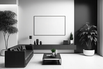 Canvas Print - Modern living room in black and white with furniture and a blank white mock-up poster. a mockup. Generative AI