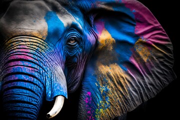 Portrait face of an elephant with colorful paint. Generative AI