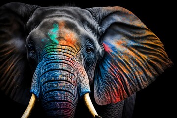 Poster - Portrait face of an elephant with colorful paint. Generative AI