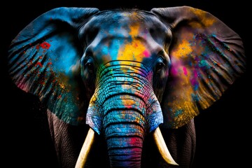 Poster - Portrait face of an elephant with colorful paint. Generative AI