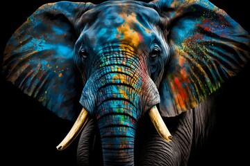 Poster - Portrait face of an elephant with colorful paint. Generative AI