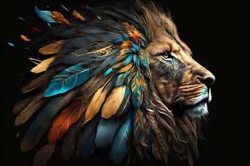 Wall Mural - lion portrait with color paint and feathers on black background. generative ai