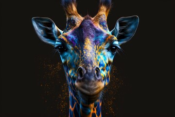 Sticker - Portrait face of giraffe with colorful paint. Generative AI