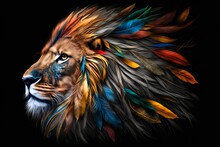 Lion Portrait With Color Paint And Feathers On Black Background. Generative AI