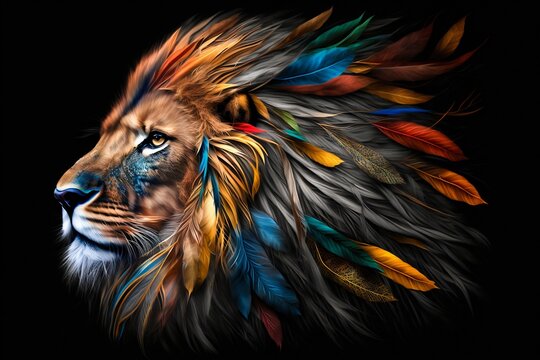 lion portrait with color paint and feathers on black background. generative ai