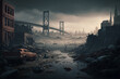  A post-apocalyptic view of San Francisco with a focus on the iconic Golden Gate bridge. The once-beautiful city is now in ruins after a devastating world war. generative ai