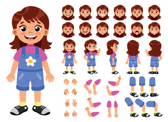 Girl set for animation. Arms, legs and head of the character with different emotions and facial expressions. Collection of body parts. Cartoon flat vector illustrations isolated on white background