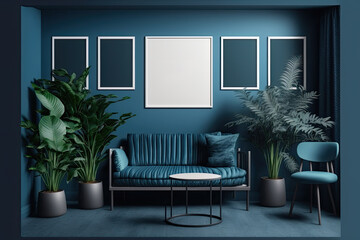 Flat color poster showcase room with five frames on the wall, monotone dark blue gallery wall with chairs and plants. Generative AI