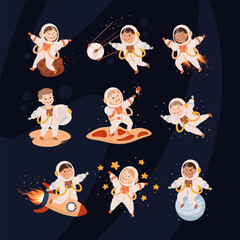 Poster - Little children astronauts set. Kids cosmonaut characters floating in outer space vector illustration