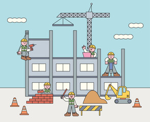 Wall Mural - Cute characters are building. They are laying bricks and using a drill. A worker is holding a light stick and controlling it.