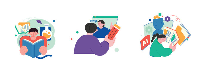 Poster - illustration of education concept. images of education are decorated around the students. reading bo