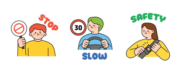 Poster - traffic safety manual for drivers. person holding a stop sign. man driving and speed sign. a person 