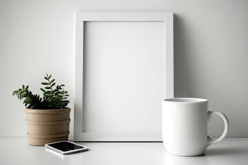 Poster - Ceramics jar on a white table with copy space next to a blank white frame against a white wall. Generative AI