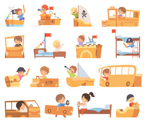 Sticker - Cute Creative Little Boy and Girl Playing on Bed and with Cardboard Handmade Toy Big Vector Set