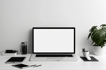 Poster - Modern workspace with blank laptop and office supplies on white wall. Generative AI