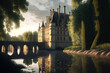 French Style castle Chateau with bridge and lake. Generative AI