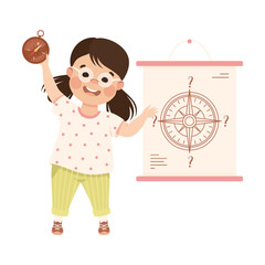 Wall Mural - Cute happy little girl learning about compass tool. Preschool kid studying at geography lesson cartoon vector illustration