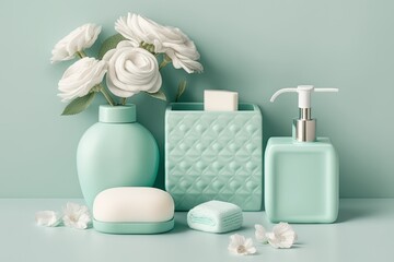 Wall Mural - Towels, soap dispensers, white roses, and other items on a soft mint background make up the bathroom design. Bathroom interior with elegant décor. Generative AI