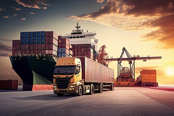 Wall Mural - Modern System transportation and logistic import export and transport industry of truck container cargo ship and cargo plane with working crane bridge in shipyard at sunset sky. Generative AI