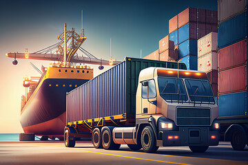 Poster - Modern System transportation and logistic import export and transport industry of truck container cargo ship and cargo plane with working crane bridge in shipyard at sunset sky. Generative AI