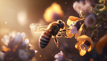 Closeup Of A Busy Bee Hovering Over A Beautiful Flower, Pollinating And Collecting Nectar, Generative Ai