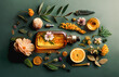 Natural essential oil flat lay image with leaves and flowers