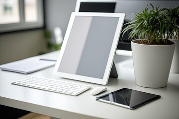 Poster - a white-screened tablet. modern office desk. generative ai