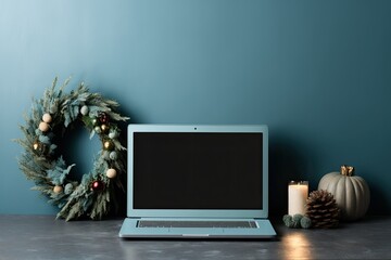 Wall Mural - Blank laptop screen on candle-lit shelf. Christmas wreath on dusty blue wall. Social media, blog, website branding template with mockup copy space. Generative AI