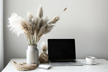 Wall Mural - A blank clipping path screen laptop sits on a boho table. indoor pampas grass bouquet. Minimalist interior design template with mockup copy space. Generative AI