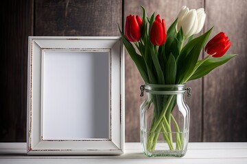 Canvas Print - Mother's Day design concept with tulip flower in glass vase and photo frame decoration on wooden table background wall at home. Generative AI