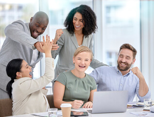 High five, business people portrait and success of stock market investment team in a office. Trading, winner and teamwork motivation of a corporate group with happiness from trading achievement