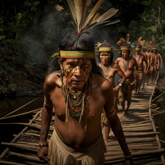 Indigenous man from the Amazon with ritual paintings on his face and body walking into a river by the wood bridge made with Generative AI