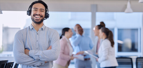 Leinwandbilder - Call center, smile and portrait of customer service agent with headset, mockup and happy face in support office. Smiling business man, help desk consultant with care and confidence at crm agency job.
