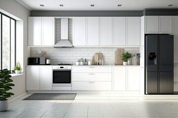 Wall Mural - Stylish kitchen with white cabinetry and built-in appliances, concrete floor. Generative AI